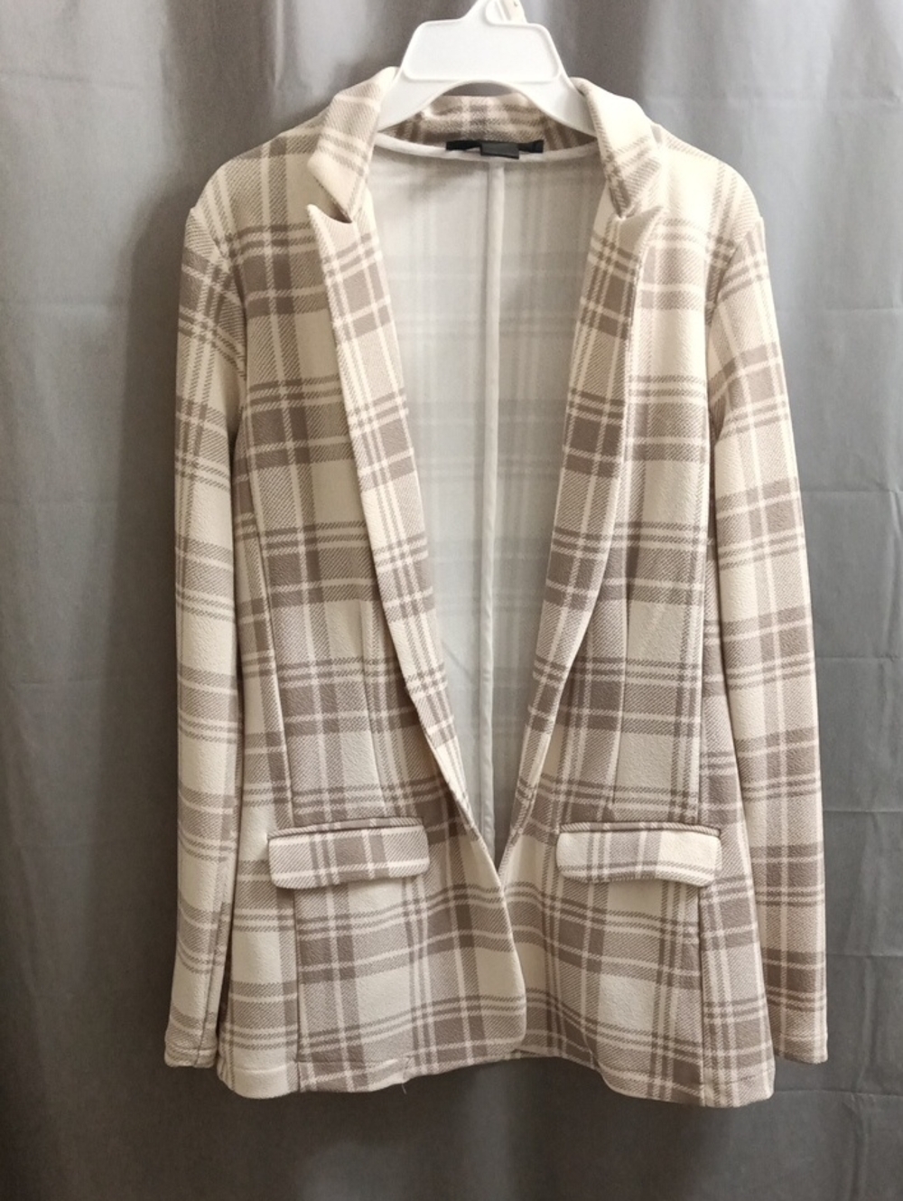 Women’s Plaid Open Front Blazer Jacket - Cream & Tan